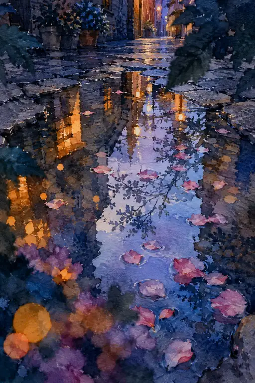 A Twilight Mirror of Fallen Petals
