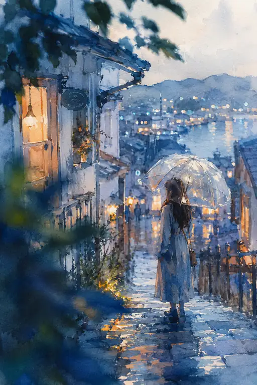 雨上がりの坂道、夕日に染まる足跡