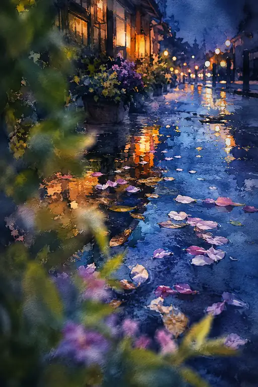 Fallen Petals in the Cobalt Rain