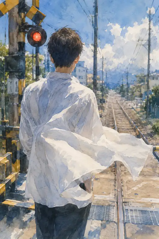 踏切の向こう、夏風にはためく明日