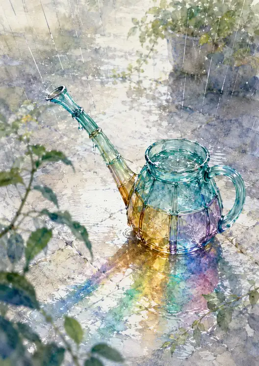雨上がりの石畳に咲く虹