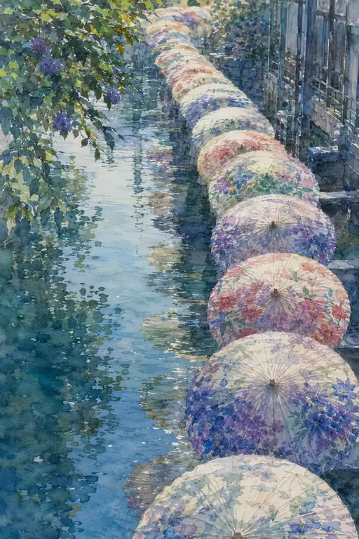 紫陽花と和傘の流れる対話