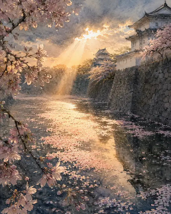 古城を染める花筏の残光