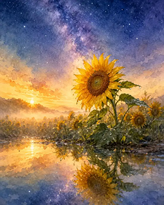Sunflower Reflecting Twilight and Starry Seas