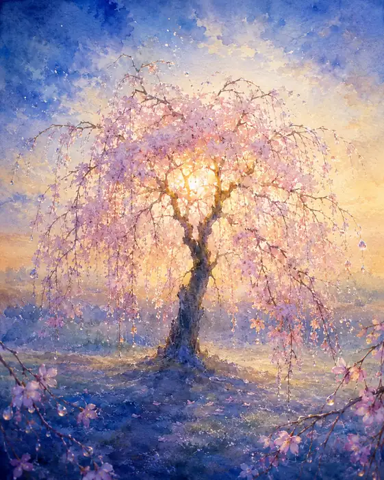 後光に千載を彩る枝垂桜