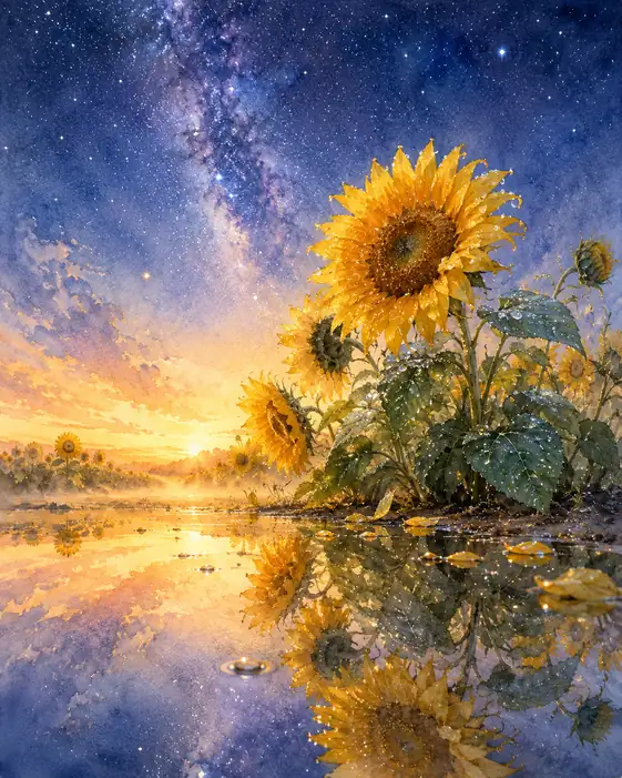 Sunflowers Blooming in the Galaxy Water Mirror