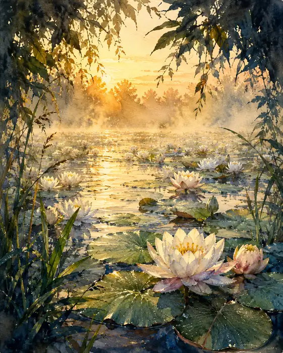 Water Lilies Opening in the Morning Mist