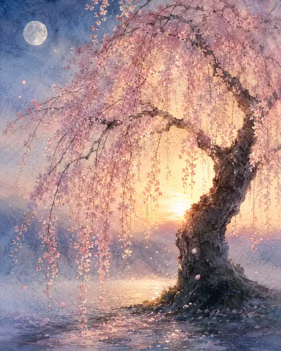 Ancient Weeping Cherry under Moon and Dawn