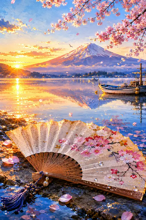 富士を望む湖畔に置かれし花扇