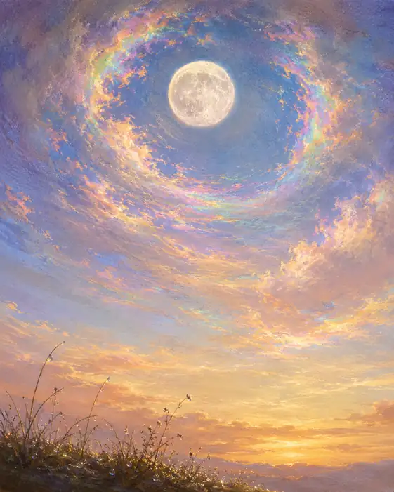 彩雲の環を穿つ満月
