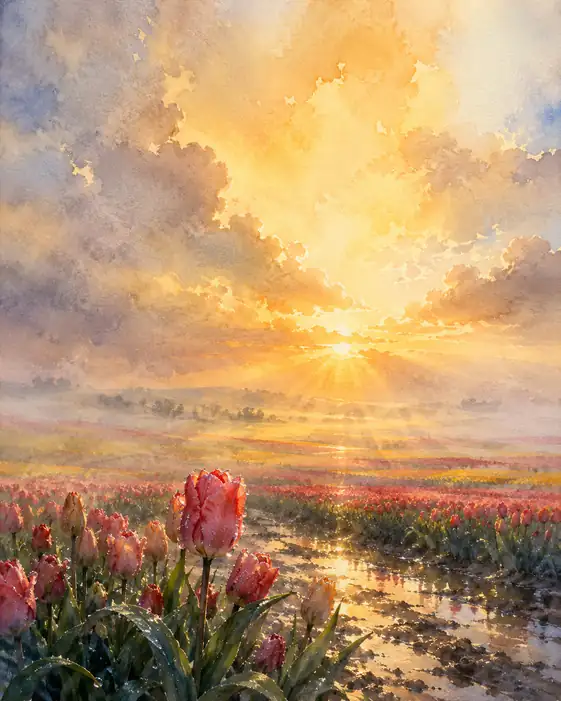 Field of Tulips Awakening in Dawn’s Light