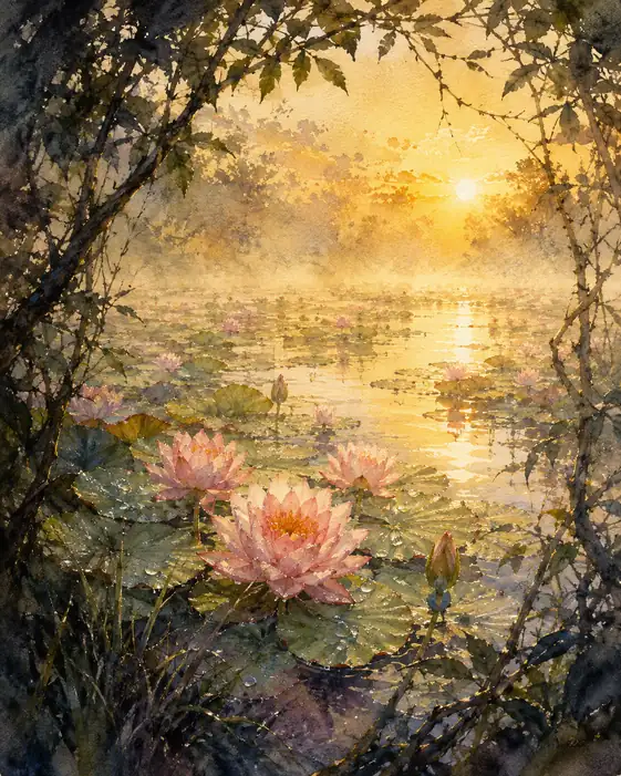 Pink Lotus Unfolding in Golden Glade