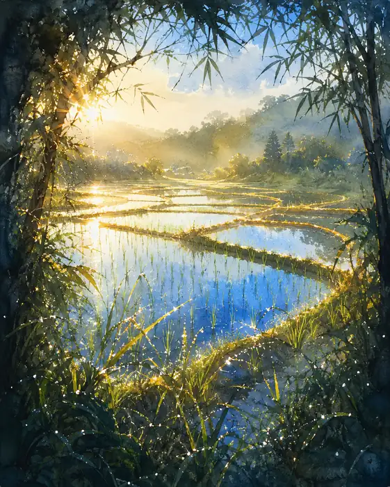 竹林を透かす水鏡の棚田