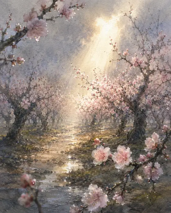 雨晴れの梅林に降る一散の光芒