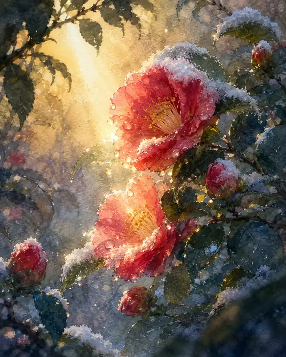 雪解けの陽に輝く紅椿