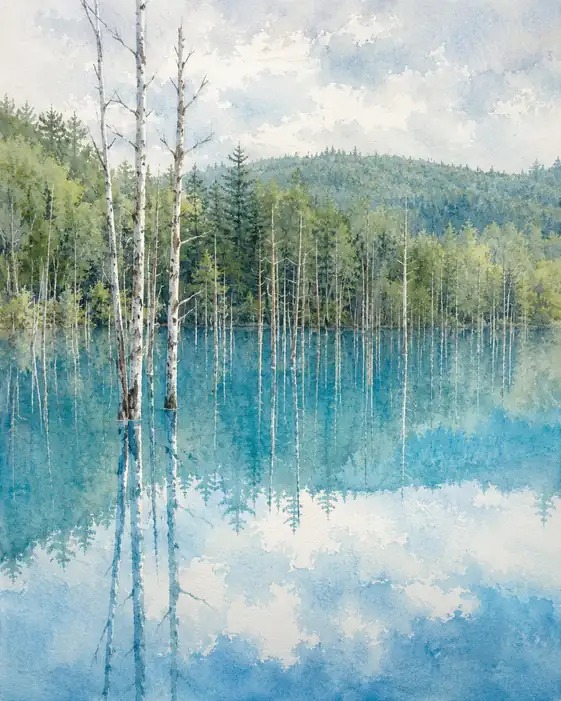 Birches Submerged in Blue Serenity