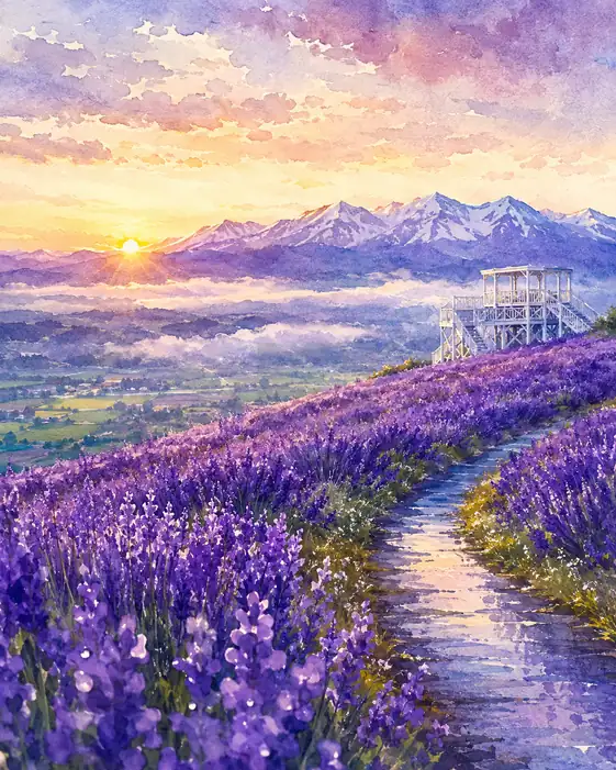 黎明の丘に昇る薫衣草の陽芒