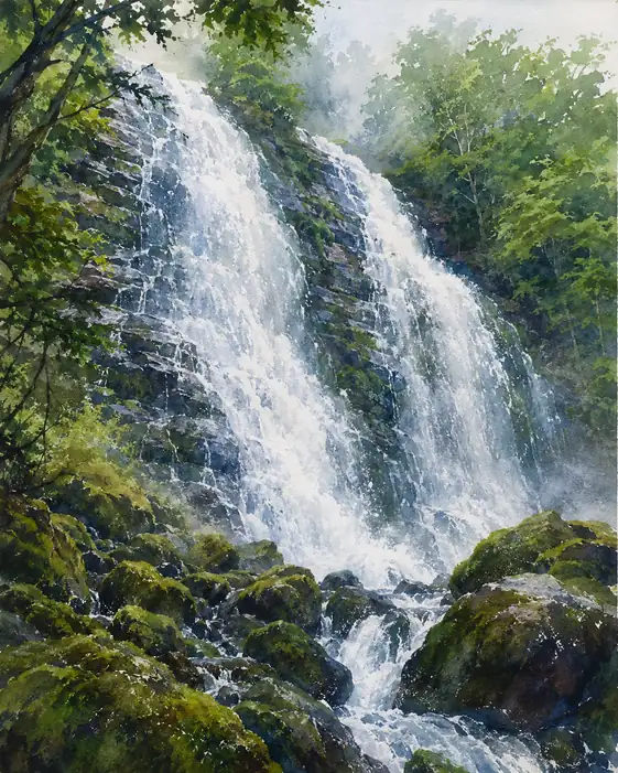 Silk Curtain of Water Glistening on Mossy Rocks