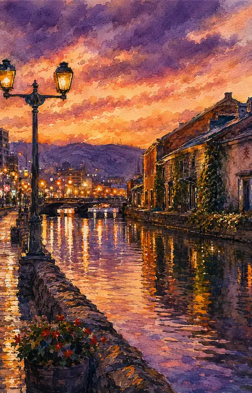 Golden Lanterns Reflected on Otaru Canal at Twilight