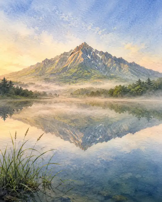 Rishiri Fuji Symmetrically Reflected on Otatomari Pond