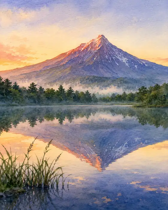 Morgenrot Glow over Mount Rishiri and the Quiet Pond