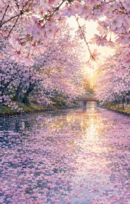 Spring Dawn Sunlight Filtering through Cherry Blossoms