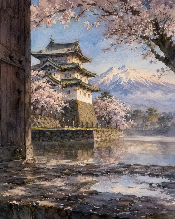 濡れ石に散る桜影と春霞の城壁