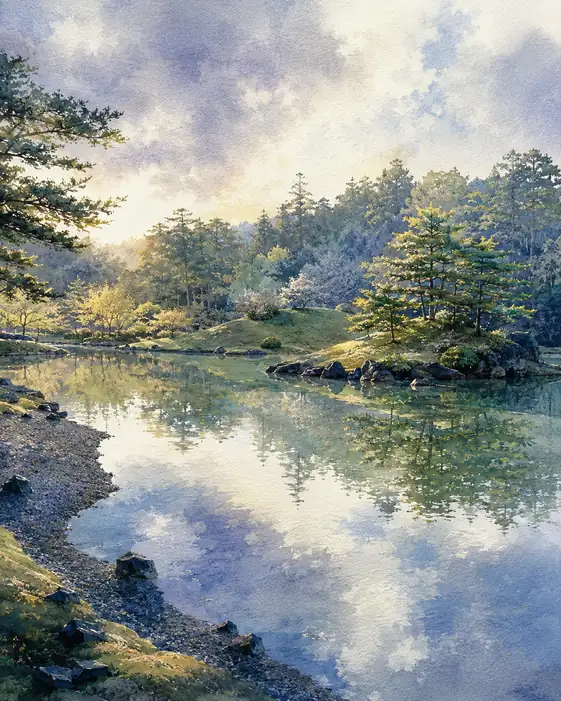 静寂の池面にひろがる朝光