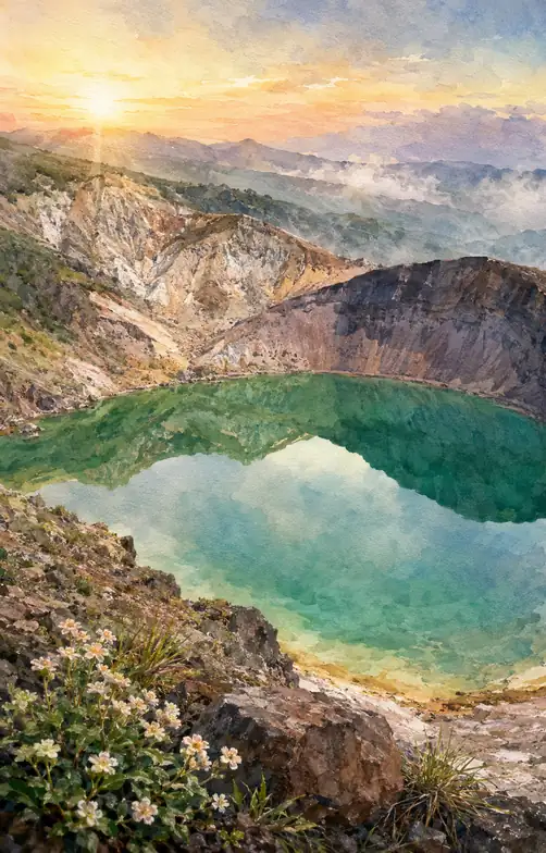 Morning Unfolds in the Emerald Crater