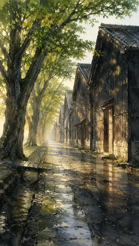 雨の蔵路に朝が差す
