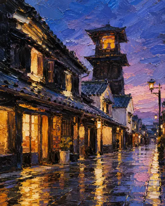 鐘の灯、雨路に滲む