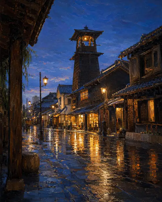 時を告げる塔、雨は静か