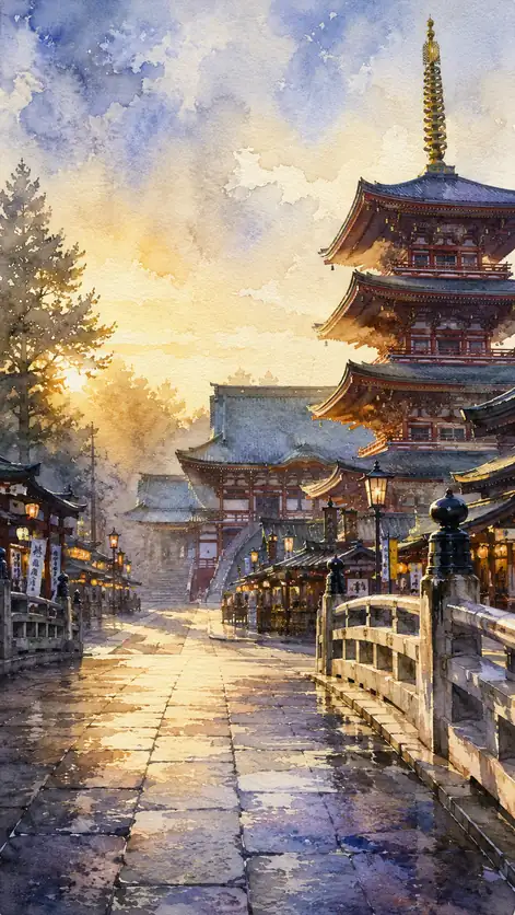 塔の朱に朝が灯る