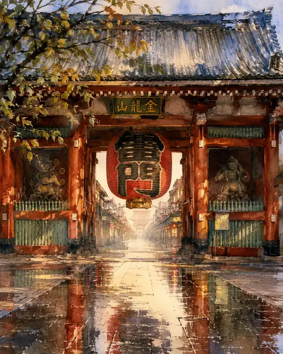 雷門、雨を映して