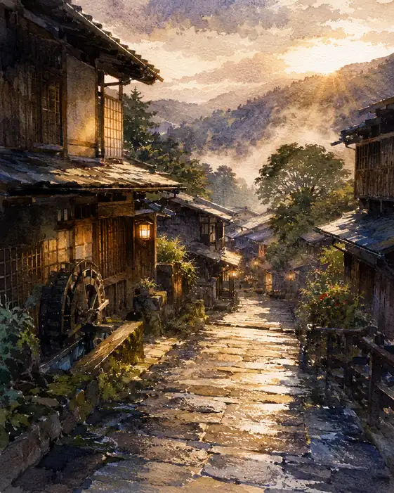 古道を降りる朝の光