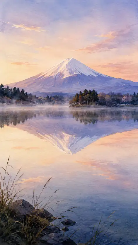 Fuji Sleeps in a Rose-Colored Lake