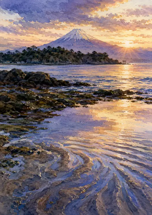 Tidal Scripts Beneath Fuji