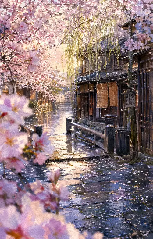 花の下で町は水に浮く