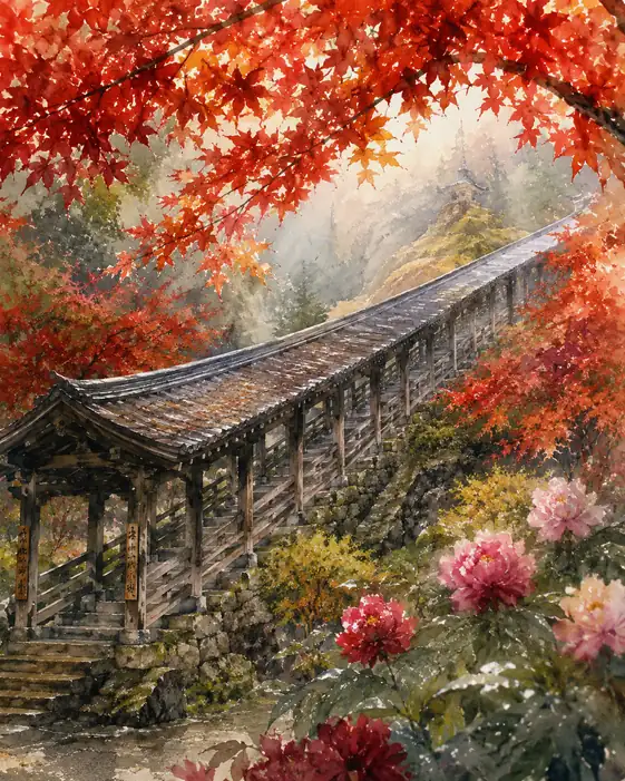 秋を山へ運ぶ長い屋根