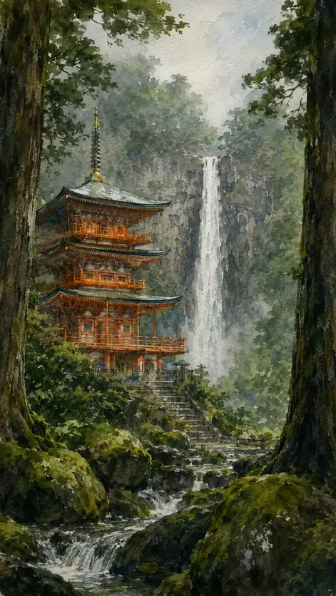 The Red Pagoda Measures the Waterfall