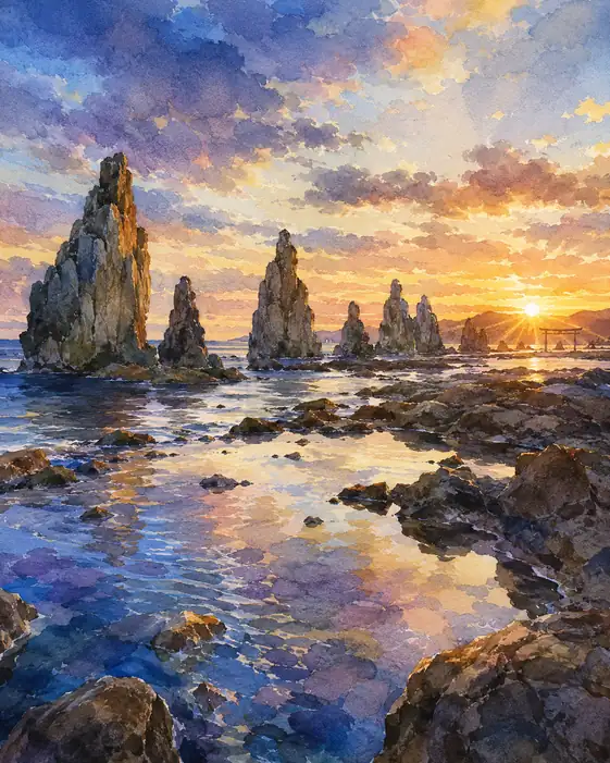 暁が海の柱を縫ってゆく