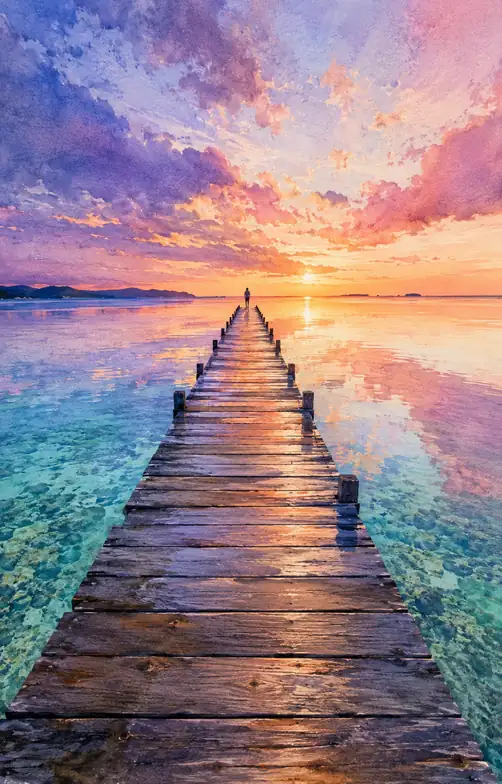 At the End of the Pier, One Person and the Sun
