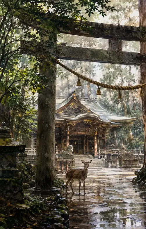 雨の神域で森と目が合う