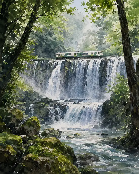 落ちる水の縁を走る
