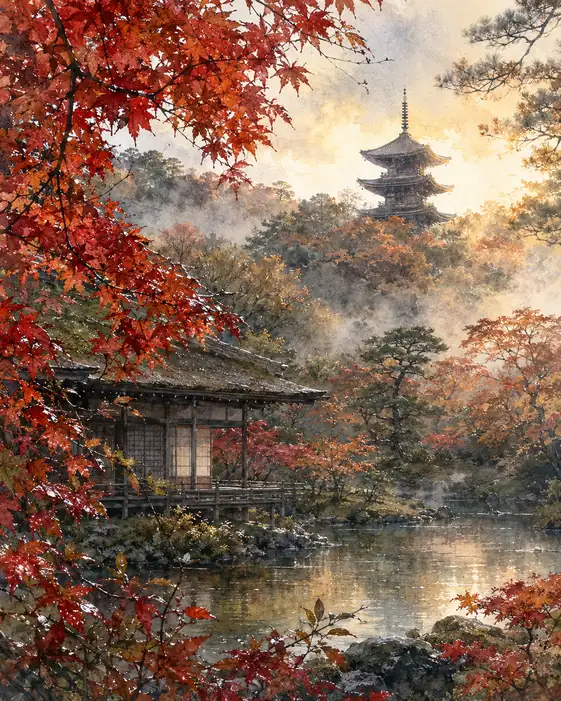 秋の池、その先の塔
