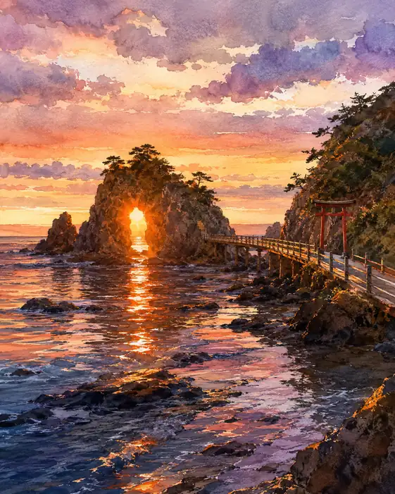 神岩を抜ける夕日