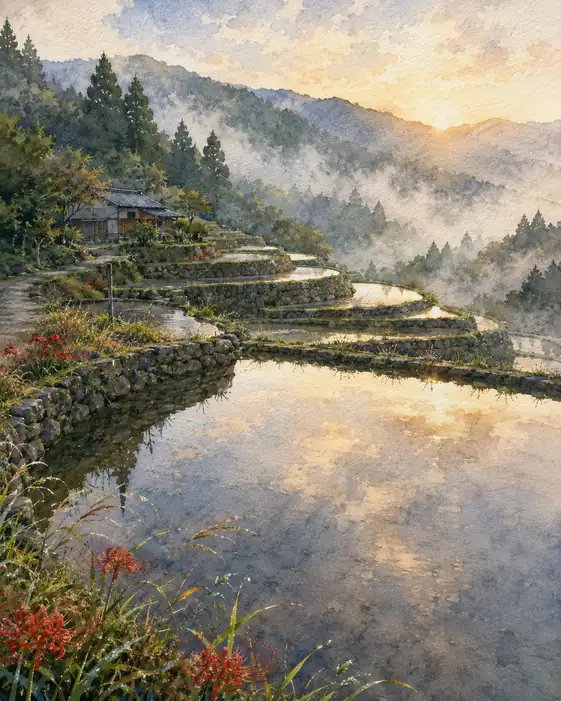棚田に蒔かれた朝