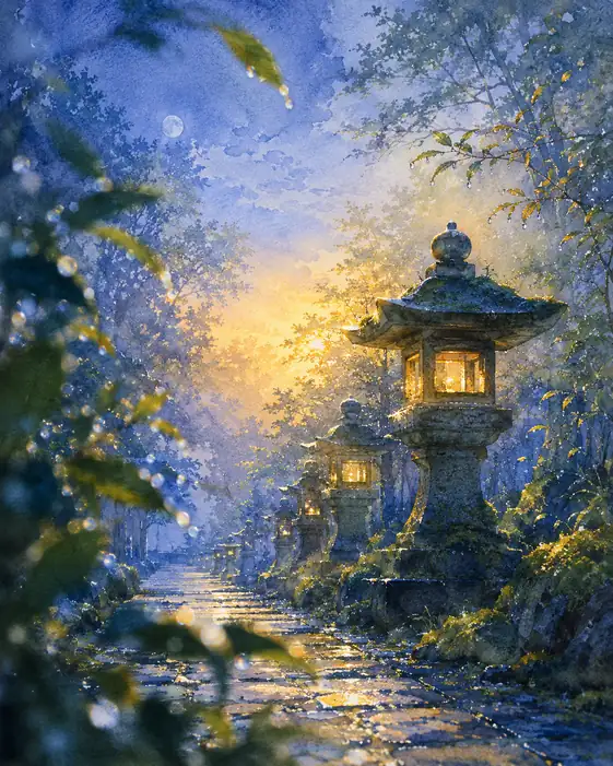 Stone Lanterns Guard the Blue Hour