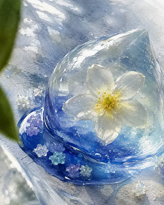 A White Blossom Kept Inside a Raindrop