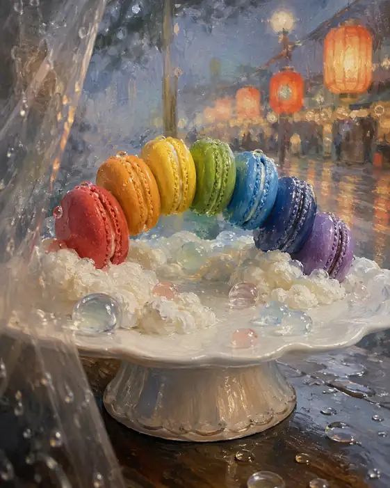 Seven Macarons Build a Bridge Through Rain